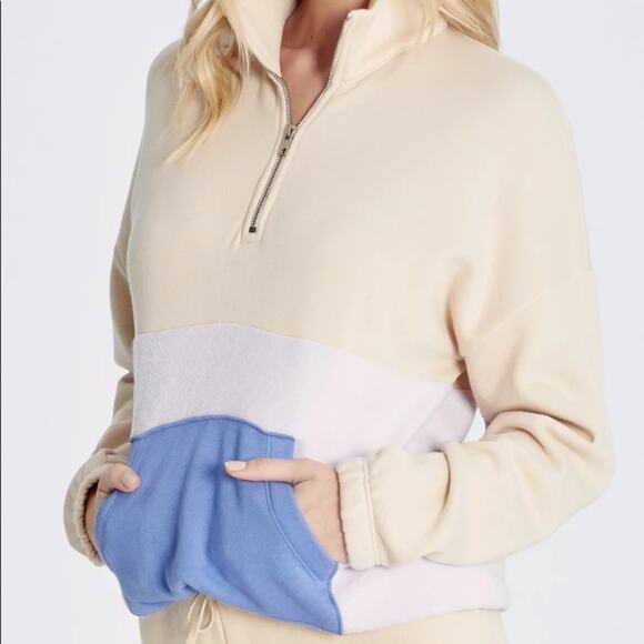 Wildfox Zip Pullover Fleece Sweater Lea Quarter Color Block Cream X-Small - Picture 2 of 12